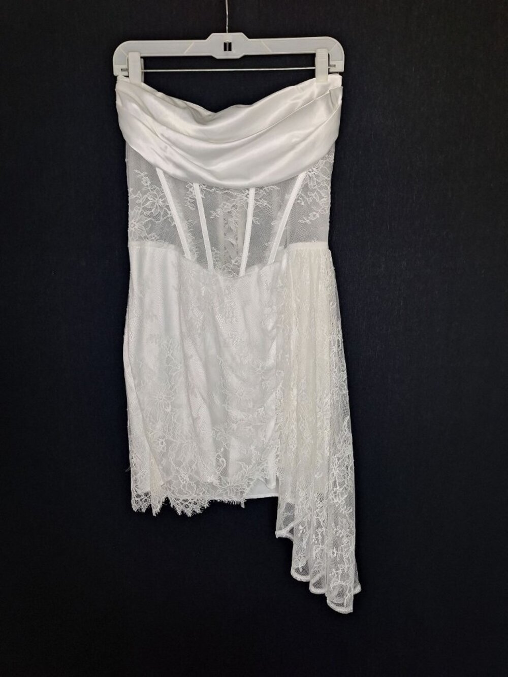 💙 White Strapless Lace Corset Mini Dress Satin Size S/M Cowl Neck Lace-Up Back